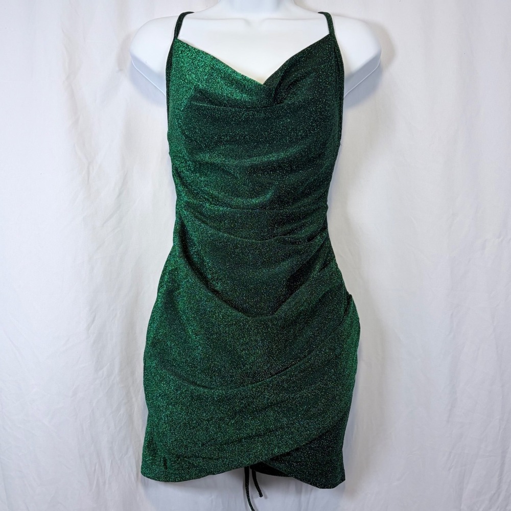 SHEIN Mini Dress Ruched Cowl‎ Neck Glitter Emerald Green US 6 Bodycon Party Club